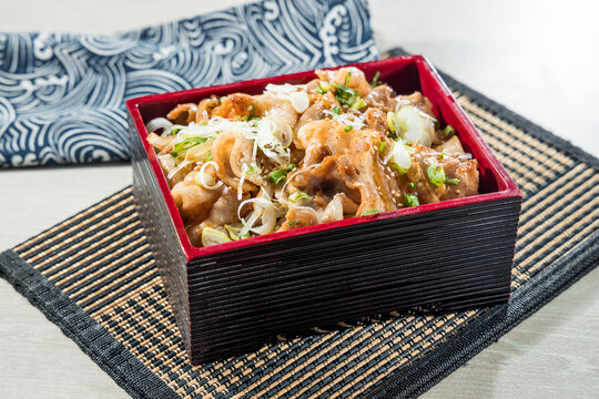 Japanese pork rice box with scallion topping