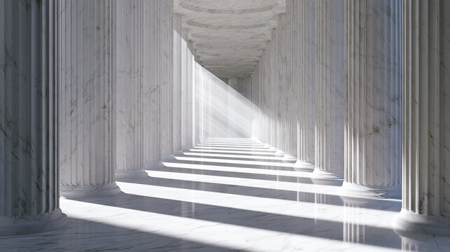 Sunlight streams through a long corridor of classical marble columns, showcasing architectural grandeur, creating a serene and monumental perspective