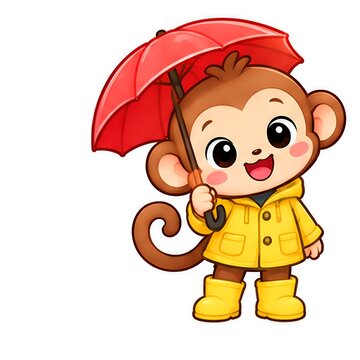 Cute Cartoon Baby Monkey Illustration &ndash; Happy Character in Raincoat with Umbrella