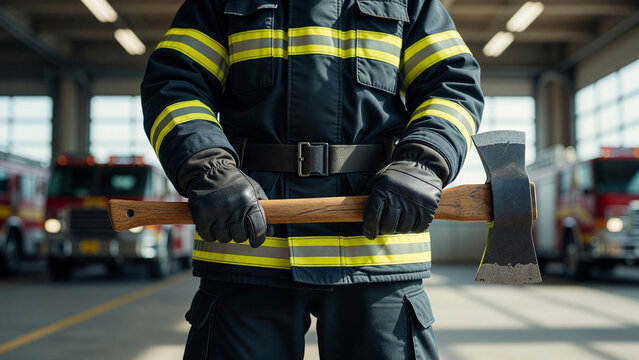 Firefighter holding axe in station garage, emergency response and public safety