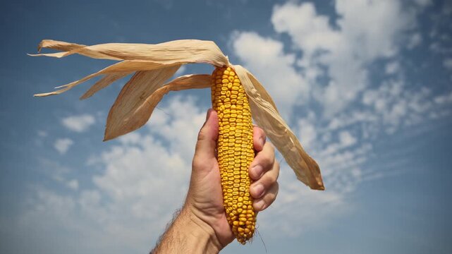 Low angle view of a farmer's hand holding up a ripe golden corn cob with dry husks against a blue sky. 4K.