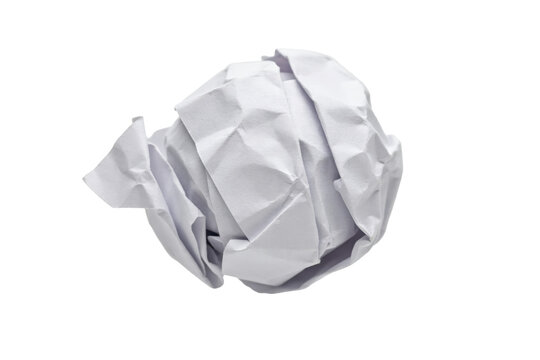 A single ball of crumpled white paper with sharp creases and folds isolated on a transparent background