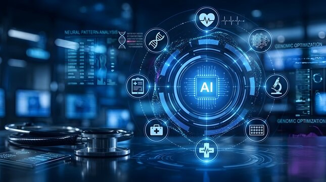 Artificial intelligence in medical technology HUD interface concept with digital health icons and stethoscope on desk