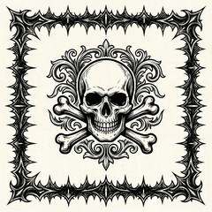 Fototapeta premium Black and white bandana pattern featuring repeating paisley, delicate floral vines, and seamless gothic skull elements.