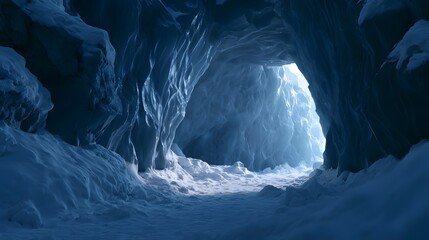 Obraz premium A serene ice cave with glowing blue walls and snow covered ground illuminated by natural light from the distant opening