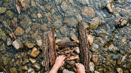 Fototapeta premium Top Down View Bark Strips Submerged In Clear River