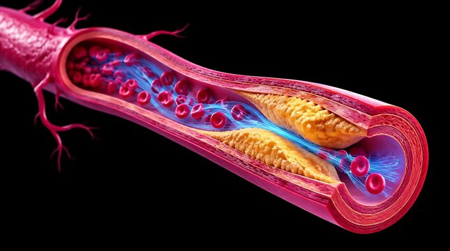 3D medical illustration showing atherosclerosis and plaque buildup inside a human artery.
