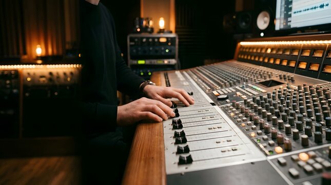 Sound engineer adjusting audio levels on mixing console in studio
