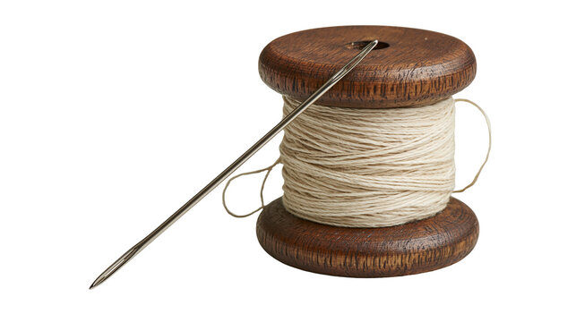 Vintage wooden spool with beige cotton thread and a long sharp sewing needle