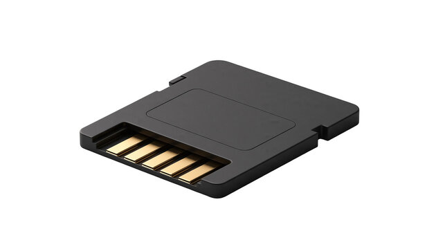 Black SD memory card with gold contact pins for digital data storage