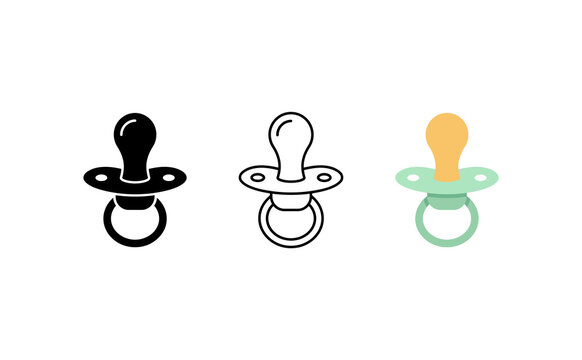 Baby pacifier icon set in three styles, minimalist dummy vector illustration, newborn teething soother graphic elements