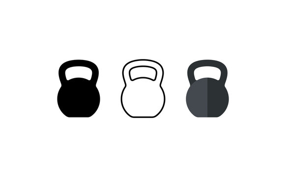 Kettlebell icon set in three styles, minimalist fitness weight symbols, black silhouette and outline gym equipment icons on white background