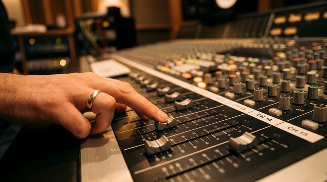 Sound engineer hand adjusting audio mixing console fader in studio