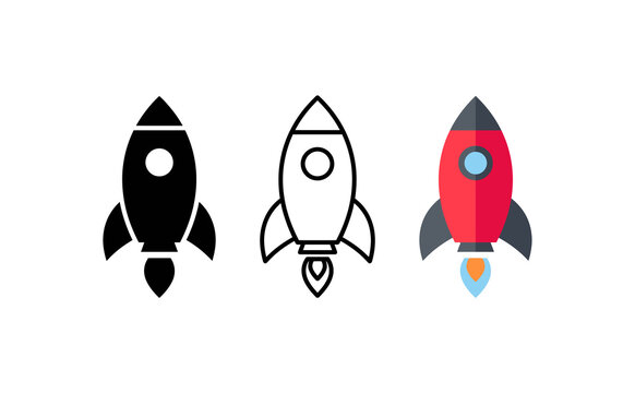 Rocket ship icon set in three styles, flat vector spacecraft symbols, startup launch concept graphics for business websites