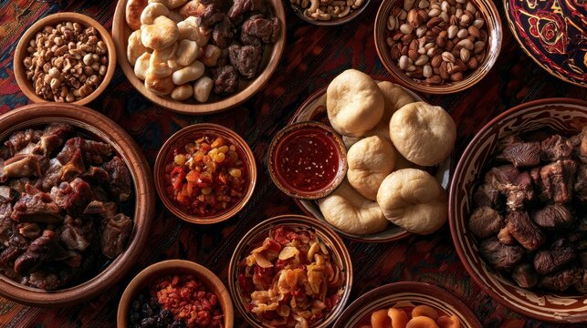 Authentic Kazakh Dastarkhan feast, table fully loaded with meats, baursaks, nuts, dried fruits, overhead view