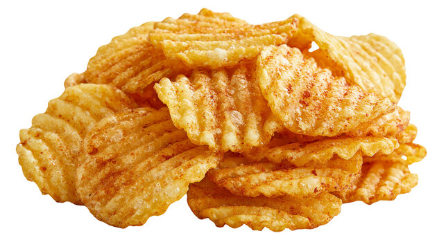 Golden crispy ridged potato chips with paprika seasoning
