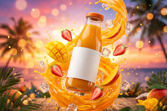 Blank glass bottle mockup with splashing juice, flying strawberries, mango, and ice cubes against a tropical beach sunset background.