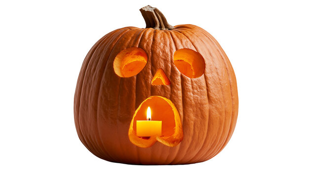Carved orange pumpkin jack-o-lantern with glowing candle inside
