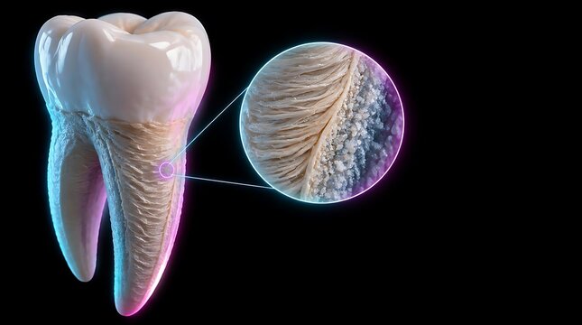 3D medical illustration of a human tooth showing enamel surface structure and texture.