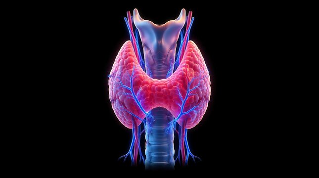 3D medical illustration of the human thyroid gland with surrounding blood vessels and trachea.