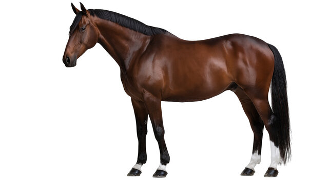 Bay horse with black mane and white socks standing in profile
