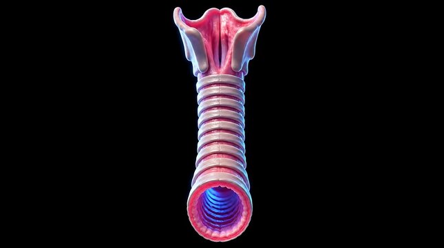 3D medical illustration of human trachea and larynx anatomy isolated on black background.