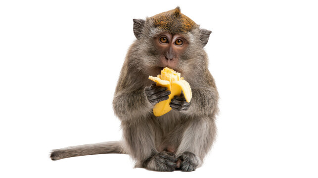 Crab-eating macaque monkey holding and eating a peeled yellow banana
