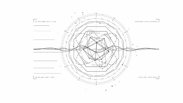 Clean minimalist black HUD user interface elements and central complex technical diagram with horizontal wave on a white background in a 3D animation
