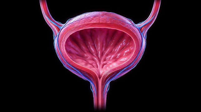 Anatomical illustration of the human urinary bladder showing internal structure and tissue.
