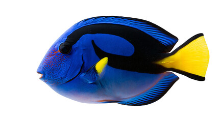 Vibrant blue regal tang fish with black markings and bright yellow tail fin © Clementine