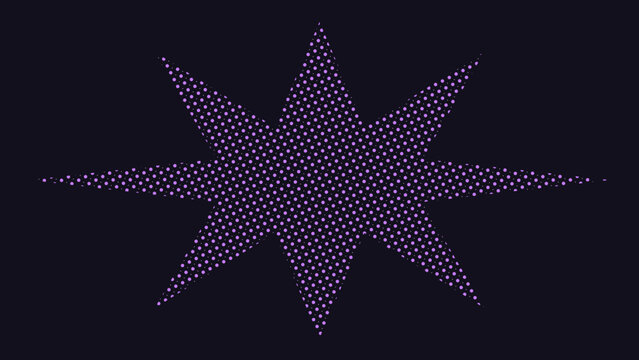 Eight pointed star shape composed of small purple dots on a dark background, creating a halftone, effect for visual