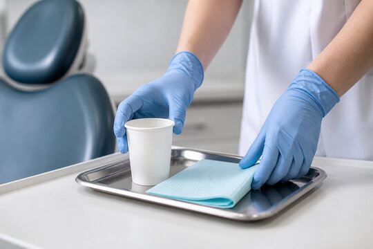 Zoe e60 dental assistant prepares room close detail v2 in authentic commercial healthcare composition
