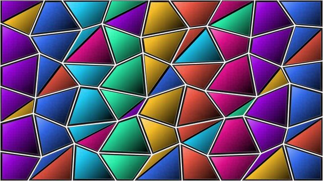 Vibrant geometric stained glass motion background, with shifting colorful polygons