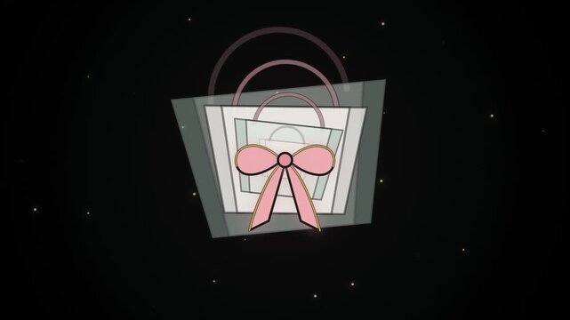 Animated shopping bag with pink bow on dark motion background