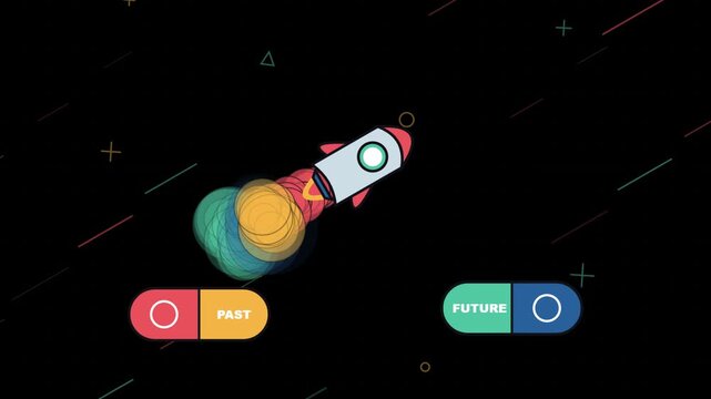 Rocket launching towards future concept animation with past and future toggle buttons with motion background.