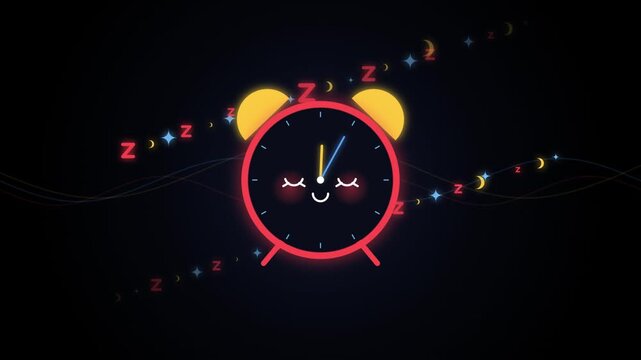 Cute sleeping alarm clock animation with floating zzz symbols with motion background.