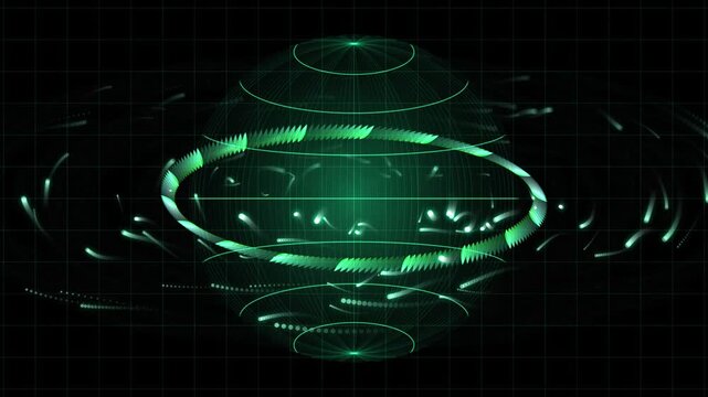 Digital green globe hud interface with rotating particles and data grid motion background
