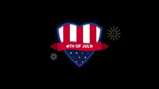 4th of july patriotic heart shield animation with fireworks with motion background.