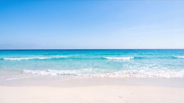 ホテルの窓から美しい砂浜と青い海へと突入するトロピカルビーチのCG動画