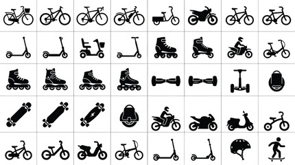 Comprehensive collection of black silhouette icons featuring personal mobility vehicles including bicycles, electric scooters, motorcycles, inline skates, skateboards, and transport tools. © VectorSuka