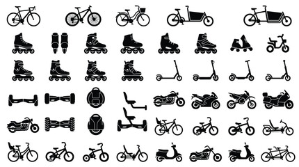 Large collection of personal transportation icons featuring silhouettes of bicycles, inline skates, electric scooters, motorcycles, cargo bikes, hoverboards, and mopeds on white background. © VectorSuka