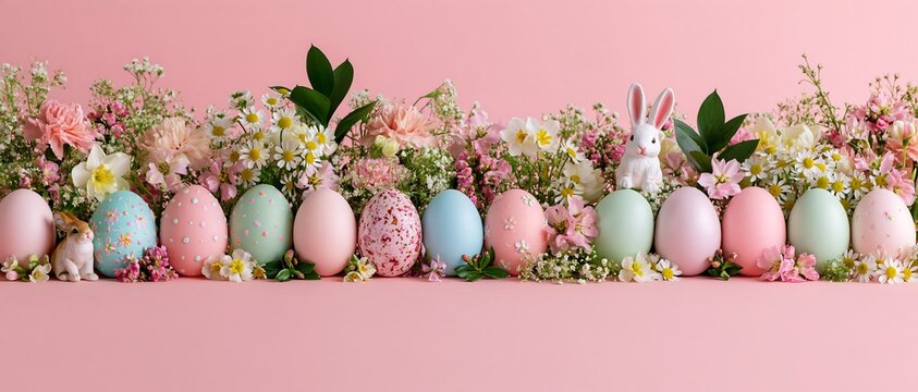 Panoramic Easter border with pastel eggs cute bunny and blooming spring flowers on pink background, festive holiday banner concept
