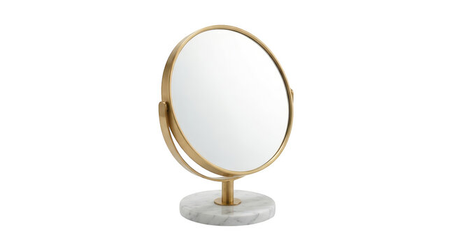 Gold vanity mirror with marble base during soft studio lighting isolated on transparent background