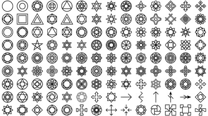 Fototapeta premium Collection of black geometric symbols and abstract shapes arranged in a grid