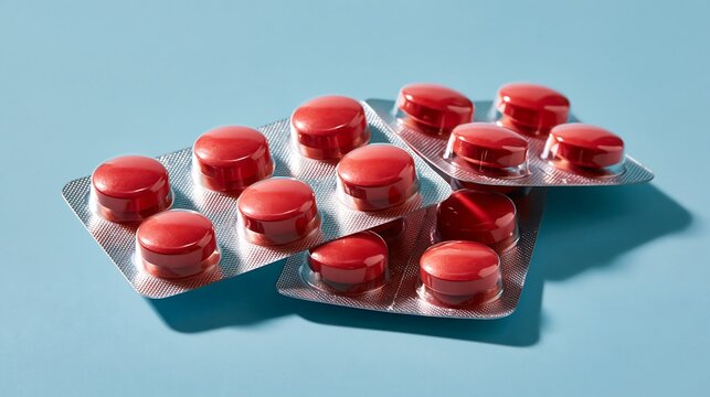 Vibrant red medicine blister packs on blue background, over the counter pharmaceutical tablets healthcare concept
