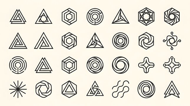 Set of minimalist geometric vector logo designs arranged in a grid pattern