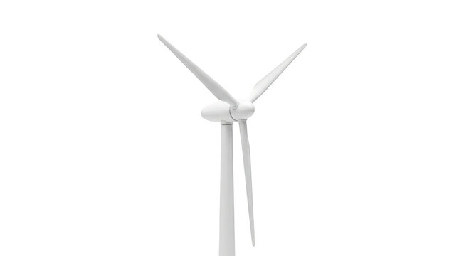 Modern wind turbine with three blades in bright daylight against clear sky isolated on transparent background