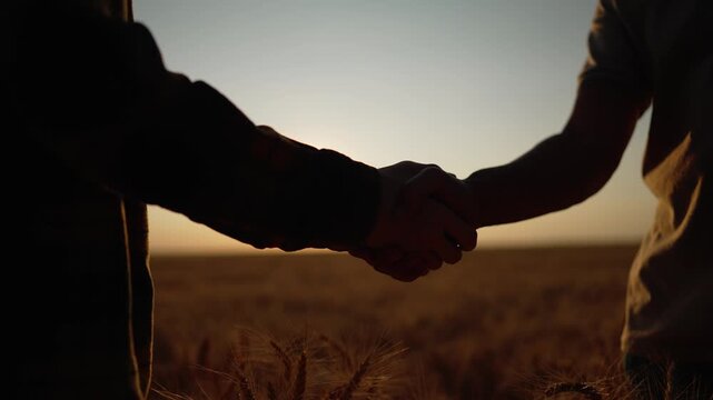 Agriculture business thrives as growers close deal. Handshake confirms partnership over ripe wheat. Golden crop sways across open field. Warm dusk light frames both silhouettes. Farmers seal.