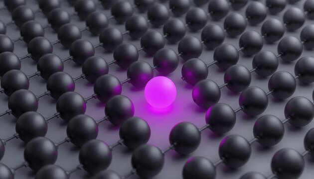 Grid of matte black spheres with one glowing purple orb standing out representing individuality glowing sphere leadership metaphor abstract background matte texture glowing light bold choice