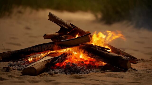 Campfire flames flicker around stacked charred logs on sandy ground, with glowing embers beneath the wood and warm orange light against a softly blurred outdoor background